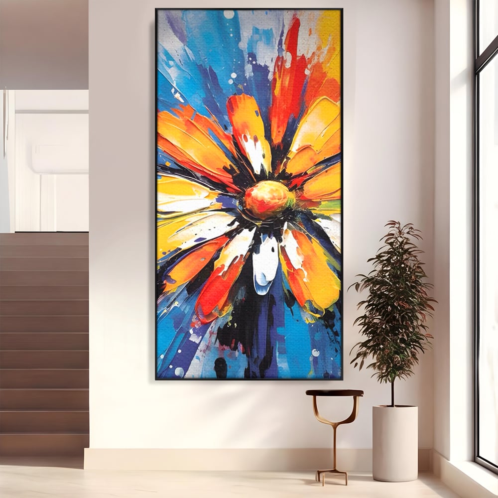 Tablou canvas cu pictura abstracta cu floare colorata, in rama de aluminiu negru